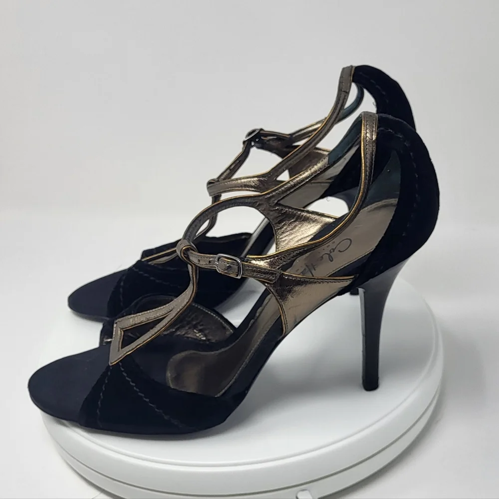Cole Haan Black Velvet & Brassy Gold Open Toe Stilletto T-Strap Heels - Picture 11 of 16